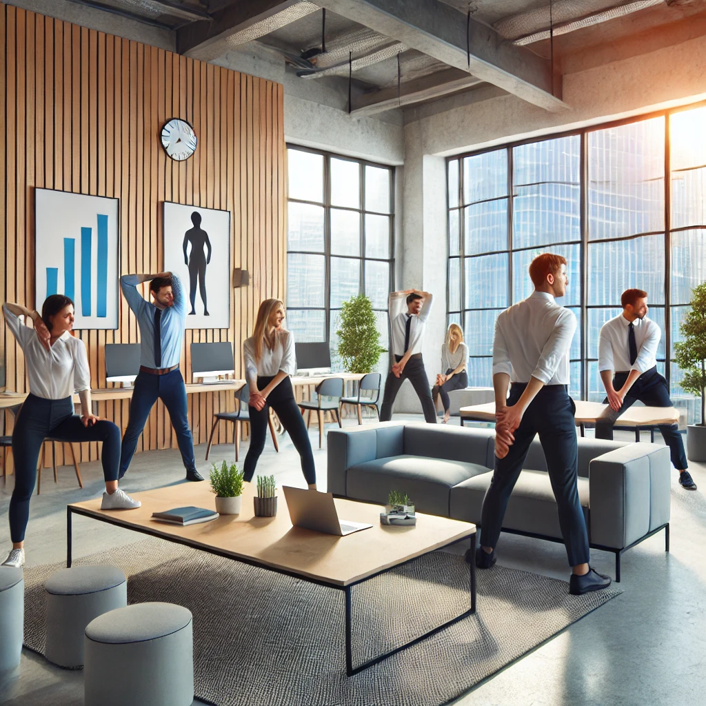 현대적인 사무실 휴게실에서 직장 동료들이 가벼운 스트레칭을 하는 모습. 큰 창문&amp;#44; 동기 부여 포스터&amp;#44; 밝고 편안한 분위기가 어우러진 장면