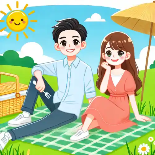 봄날 나들이를 즐기는 남자와 여자