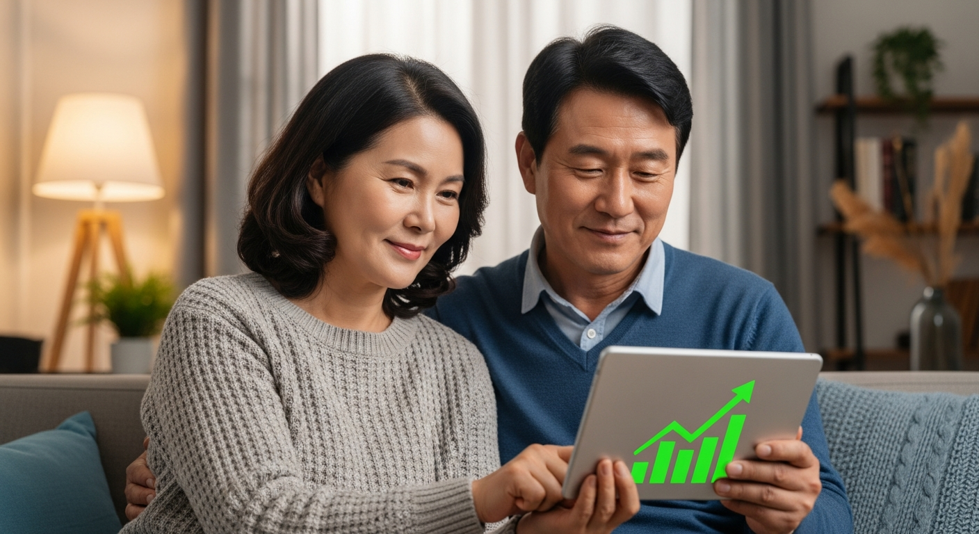 소파에 앉아 녹색 상승 성장 차트 아이콘이 표시된 태블릿을 보고 있는 검은 머리의 젊어 보이는 중년 한국인 부부. 그들은 만족스럽고 안정된 표정을 짓고 있다. 따뜻한 거실 조명, 아늑한 분위기.