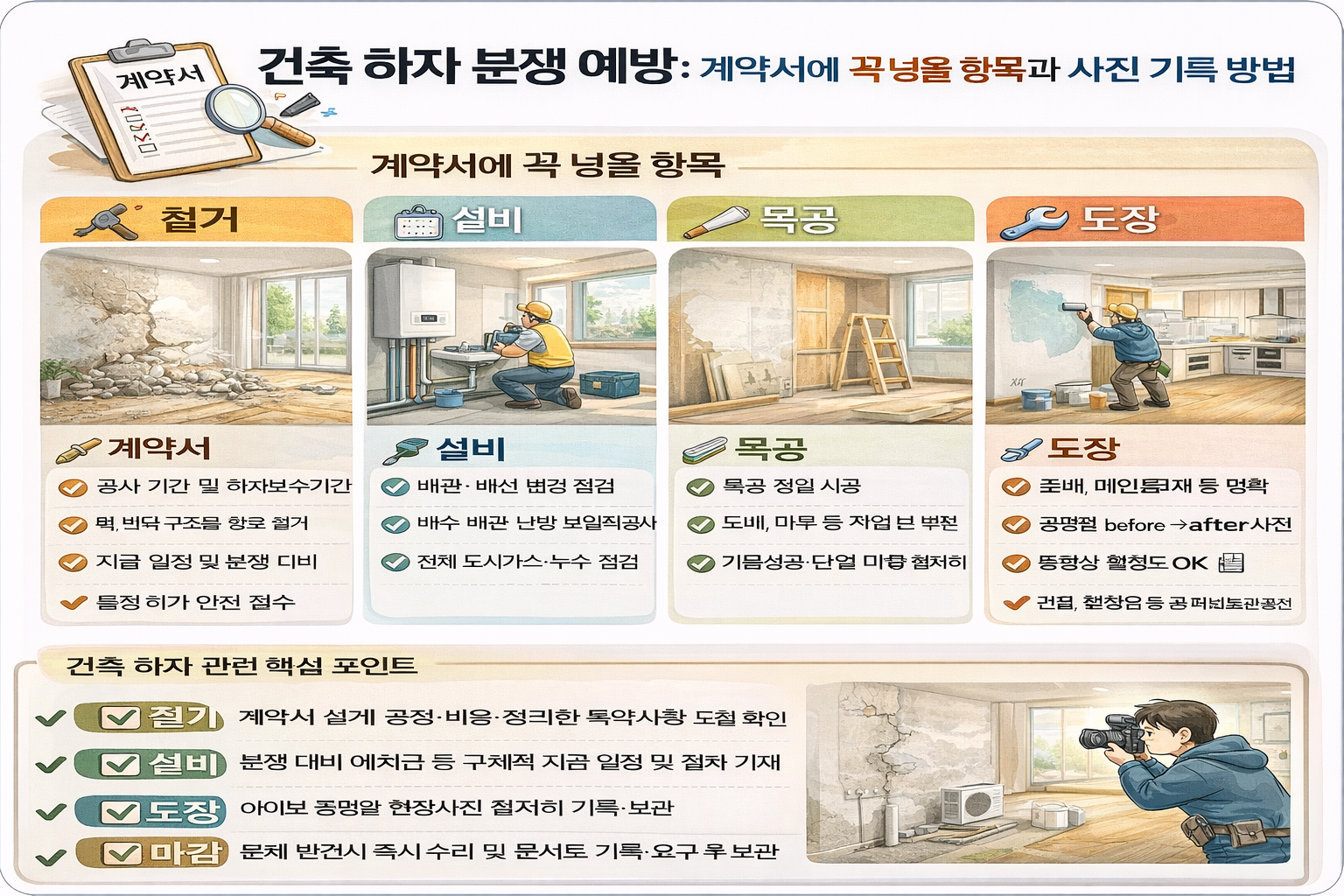 건축 하자 분쟁 예방: 계약서에 꼭 넣을 항목과 사진 기록 방법(하자보수, 계약서, 사진기록)