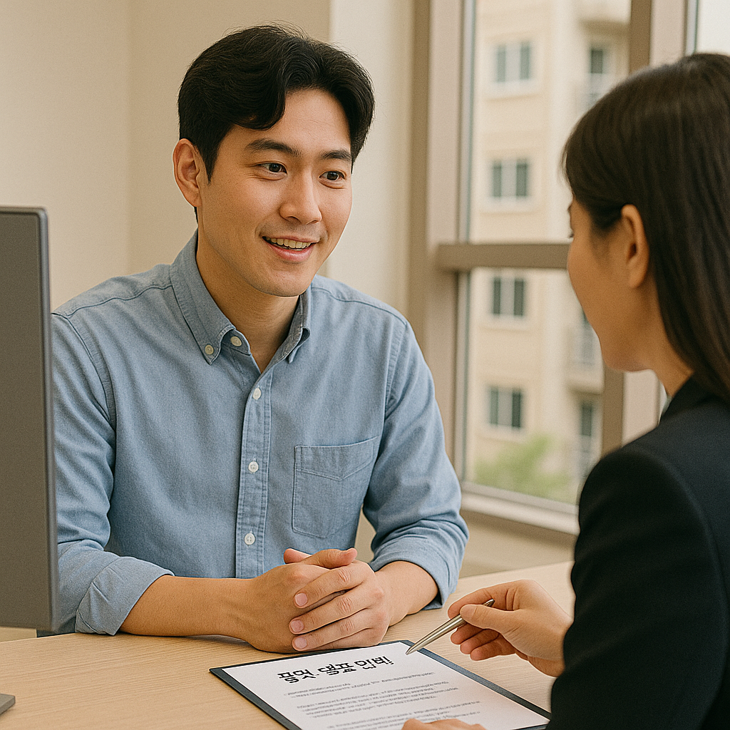 청약 당첨 후 은행 상담 받는 청년