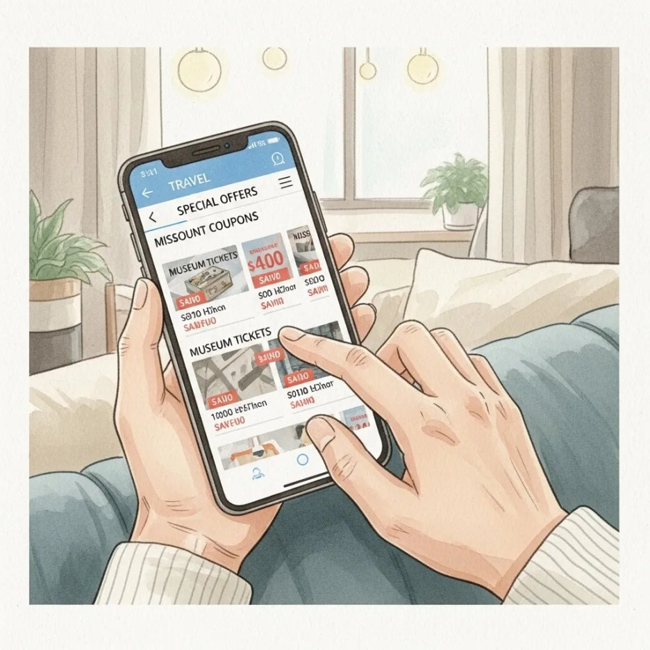 온라인으로 할인 정보를 검색하는 손과 스마트폰
