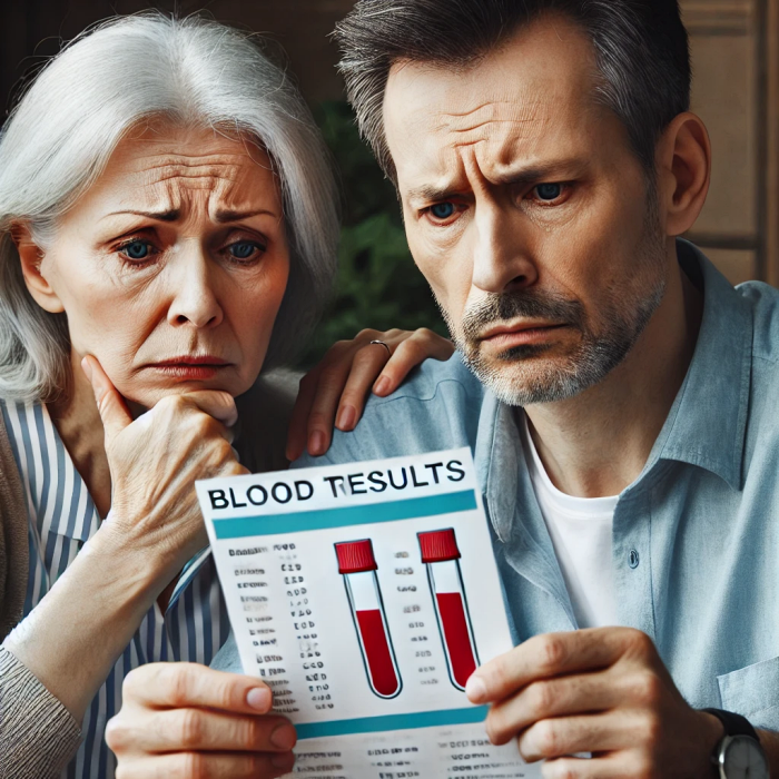 혈액 검사 결과지를 확인하며 걱정하는 중년 남성과 여성 