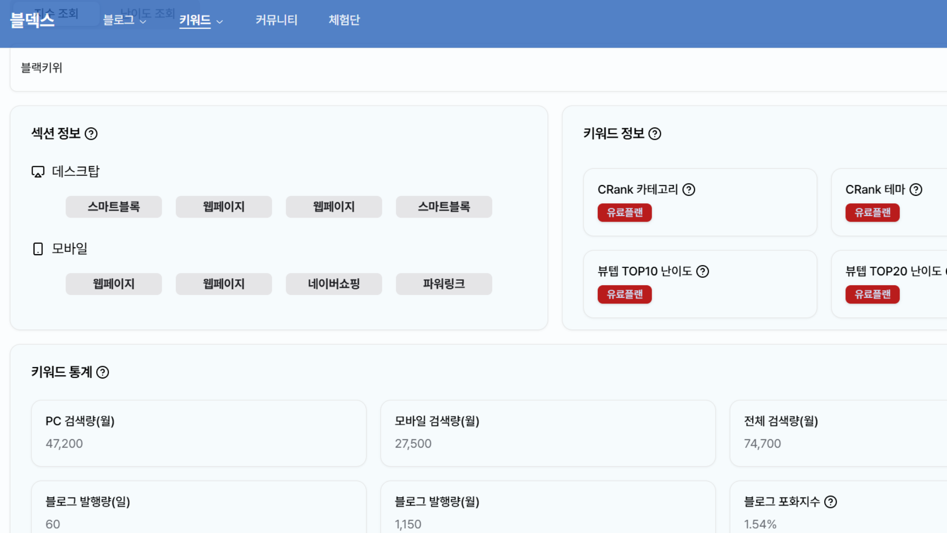 블덱스 키워드 검색 화면