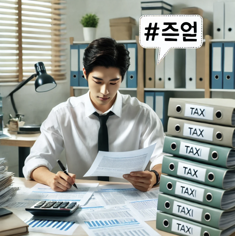 세무와 관련된 자료를 집중적으로 검토하는 개인의 업무 현장