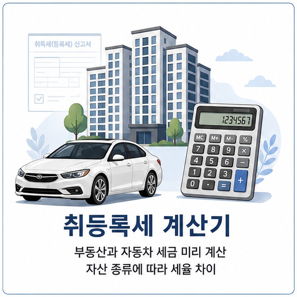 아파트와 자동차, 계산기를 함께 표현해 취등록세 계산기는 자산을 취득하기 전에 예상 취득세와 관련 비용을 확인하는 데 사용하는 도구임을 보여 주는 그림