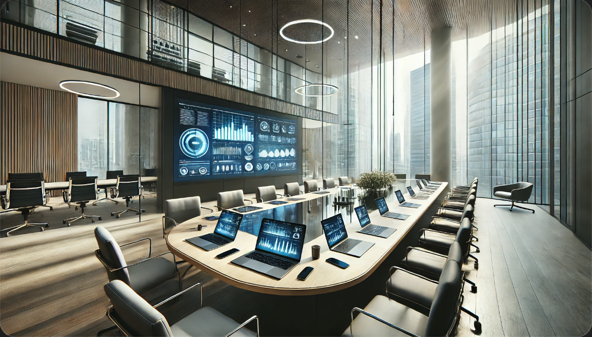 현대적인 회의실, 자연광과 디지털 장치가 있는 모습