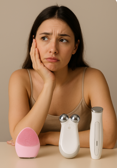 여러개의 뷰티 디바이스 앞에서 고민하고 있는 모습