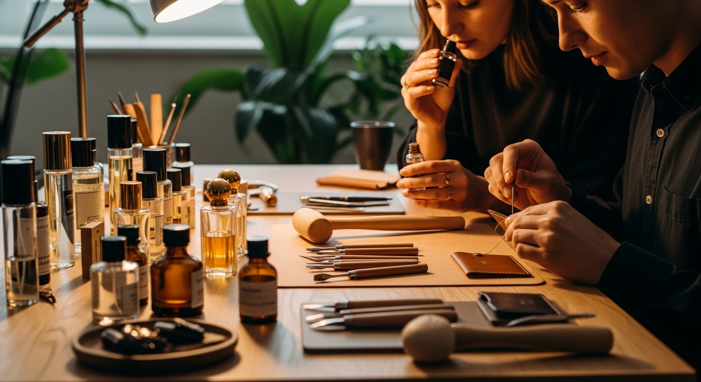 향수 공방에서 향료를 고르거나 가죽 공방에서 소품을 만드는 커플의 모습, 집중하는 손길