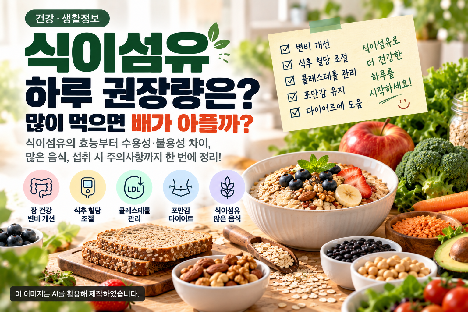 식이섬유 하루 권장량과 식이섬유가 많은 음식 및 과다 섭취 시 주의사항