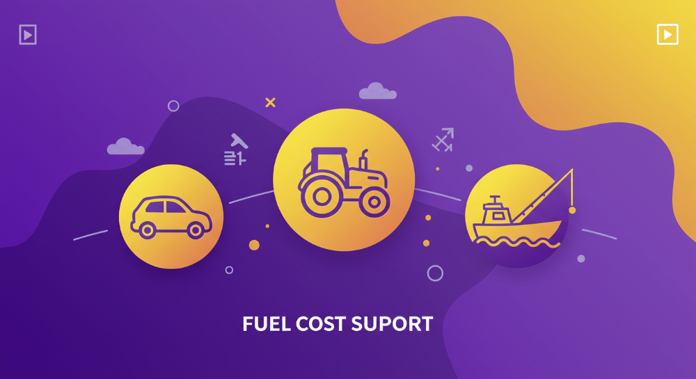 경차, 농업용 트랙터, 어선 아이콘이 퍼플-옐로우 배경에 역동적으로 배치된 이미지로, 유류비 지원 혜택을 시각적으로 표현.