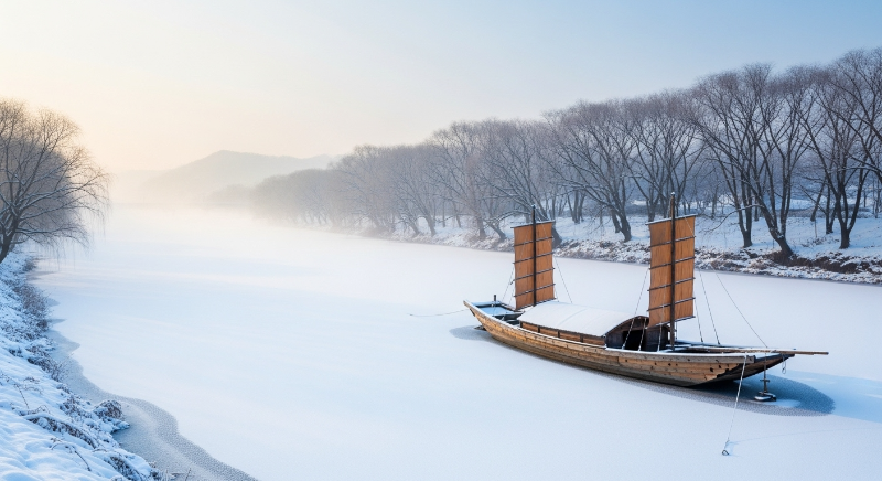 양평 두물머리의 얼어붙은 강 위에 정박한 황포돛배와 고요한 설경
