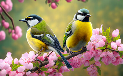 매화 꽃가지 위에 노란색 배와 초록색 날개를 가진 두마리의 새가 앉아있다