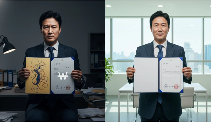 혼란스러운 서류 준비 과정을 거쳐 깔끔하게 번역공증된 한국인 남성의 학위 증명서 비교 이미지.