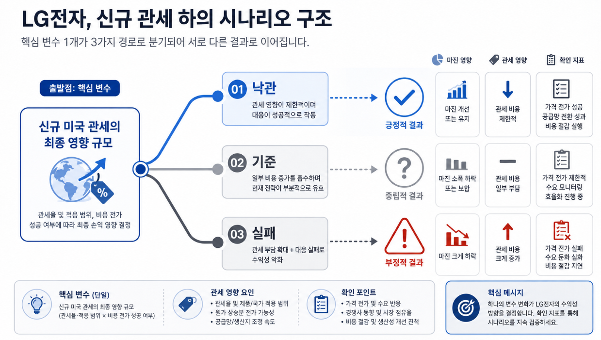낙관·기준·실패 세 갈래로 나뉘는 시나리오 경로와 각 경로 끝의 확인 지표를 표시한 화살표형 다이어그램