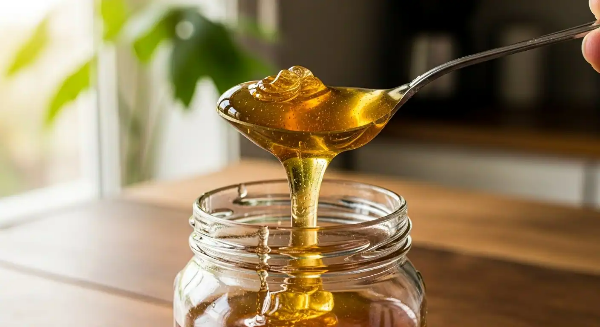 식탁위에 꿀병이 있고 티스푼으로 꿀을 뜨고 있는 모습