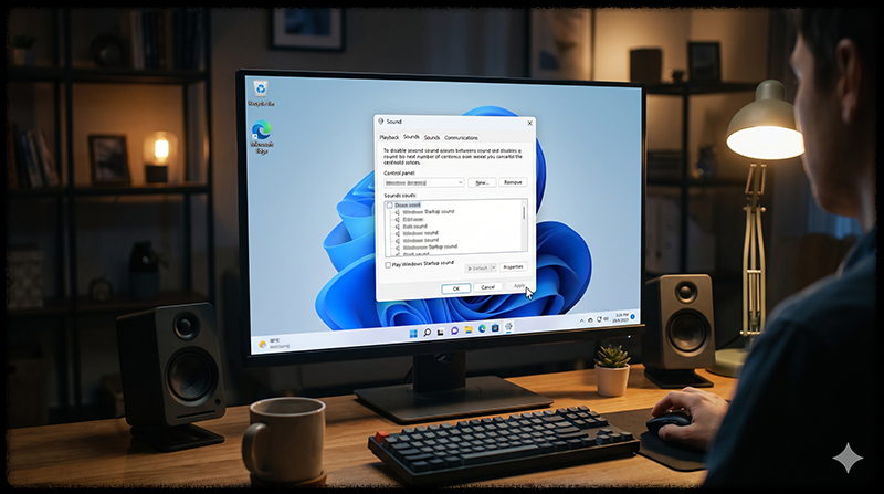 Windows 소리 설정에서 부팅 시작음 선택을 해제하는 모습
