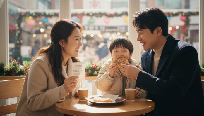 AI 통신비 절약으로 모은 돈으로 행복하게 함께하는 한국인 가족. 카페에서 즐거운 시간을 보내거나 작은 선물을 고르는 모습, 결제 영수증에는 원화(₩) 기호가 명확히 보임.
