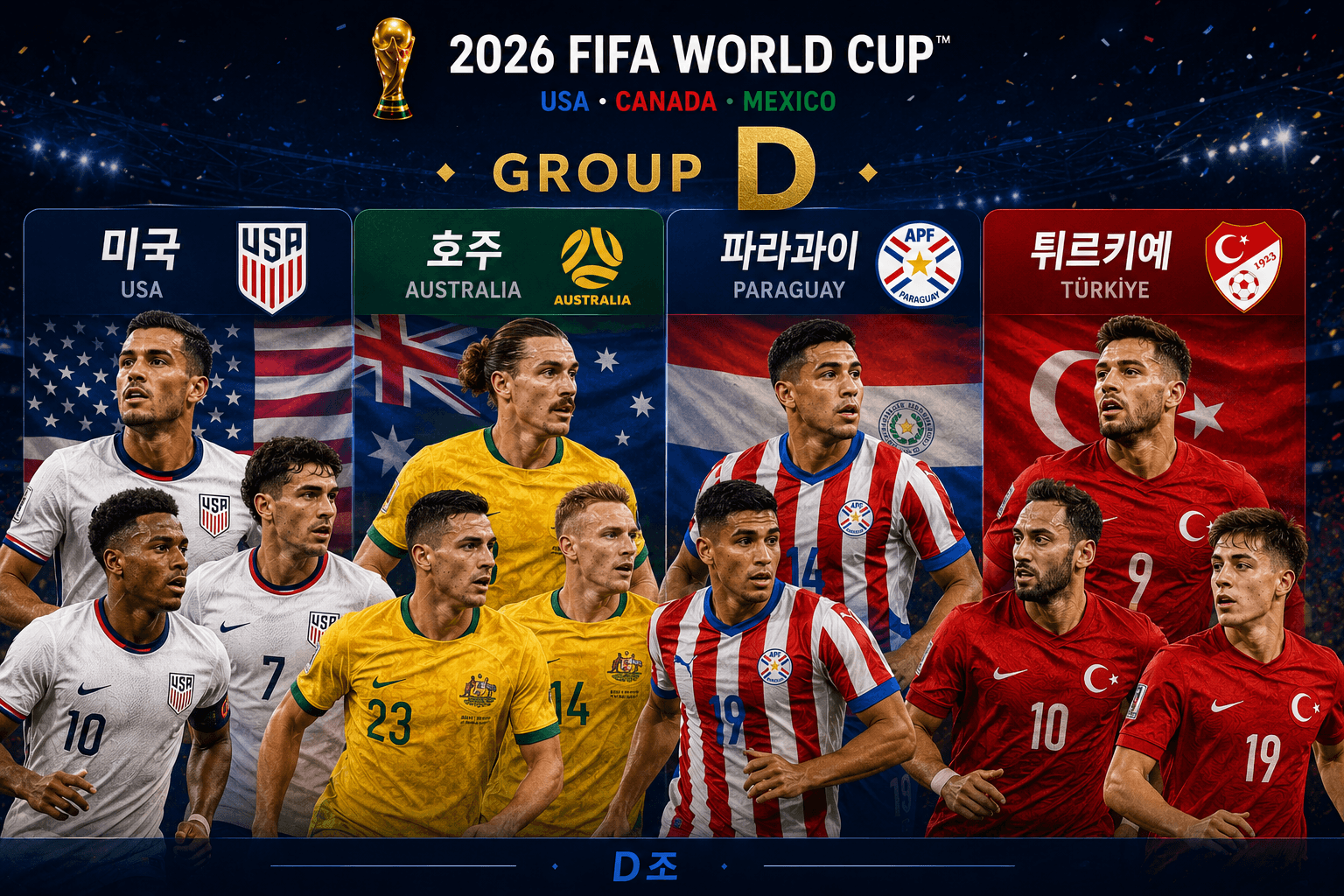 2026 FIFA 북중미 월드컵 조별리그 D조 참가국 대진표 구성: 미국, 호주, 파라과이, 튀르키예 대표팀 안내