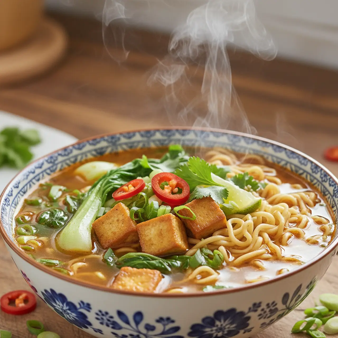 김이 오르는 라면 한 그릇(면·국물·두부·채소) 모습으로, 같은 정제 탄수화물이라도 빵보다 라면이 혈당 상승 속도를 상대적으로 늦출 수 있다는 비교 설명에 쓰이는 이미지