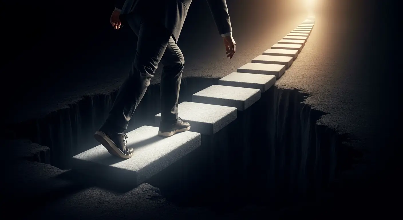 한 한국인 서민이 서민금융진흥원이라는 튼튼한 디딤돌을 밟고 더 높은 곳으로 올라가는 희망적인 모습