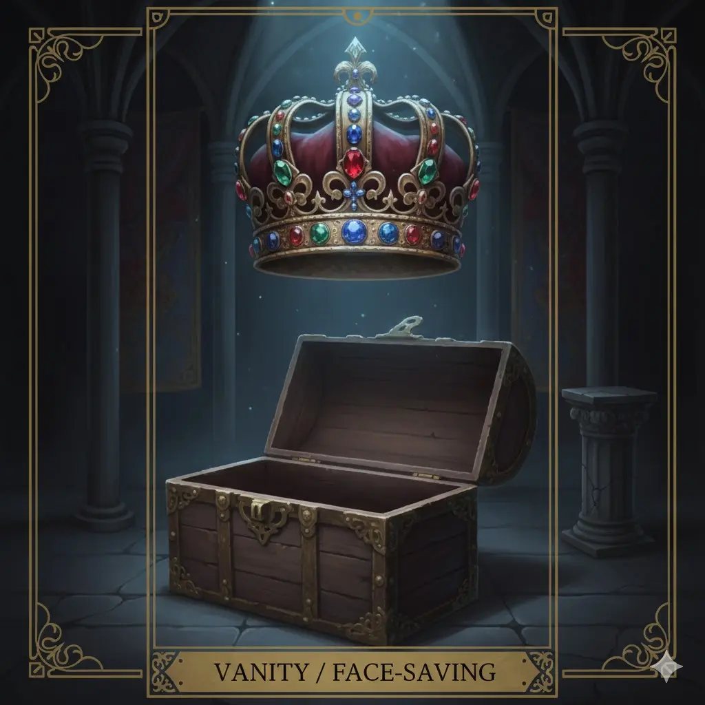 타인 시선 장애물 타로 카드: 텅 빈 보물 상자 위에 떠 있는 화려하고 무거운 왕관 일러스트