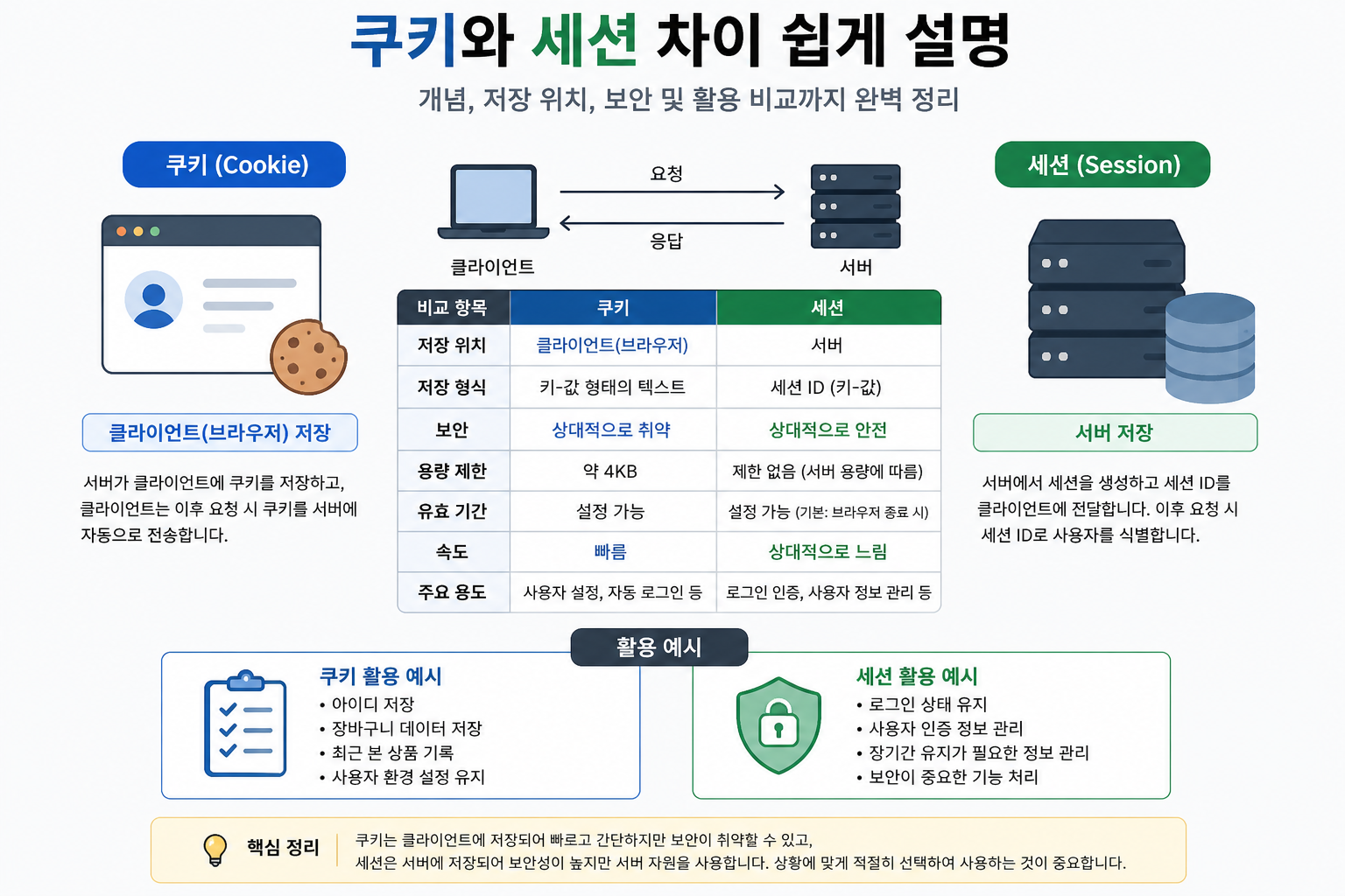 쿠키와 세션 차이 쉽게 설명 (개념, 저장 위치, 보안 및 활용 비교까지 완벽 정리)