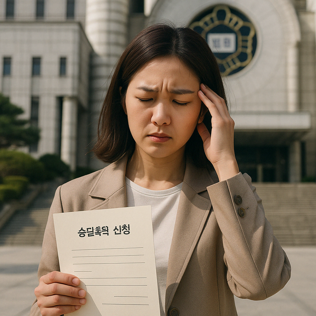 법원 앞에서 송달촉탁 신청서를 들고 고민하는 여성