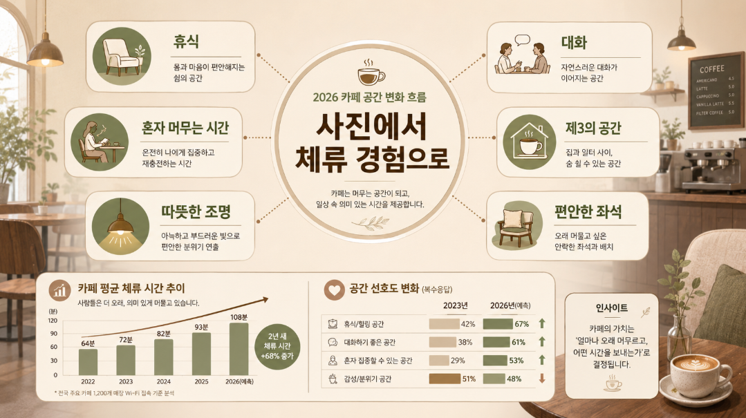 2026 카페 공간이 사진 중심에서 체류 경험 중심으로 바뀌는 흐름을 보여주는 인포그래픽