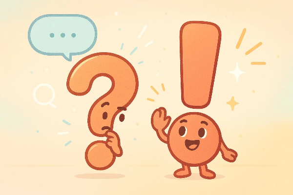 의인화된 물음표와 느낌표 캐릭터가 질문과 해답을 상징하며 교감하는 장면