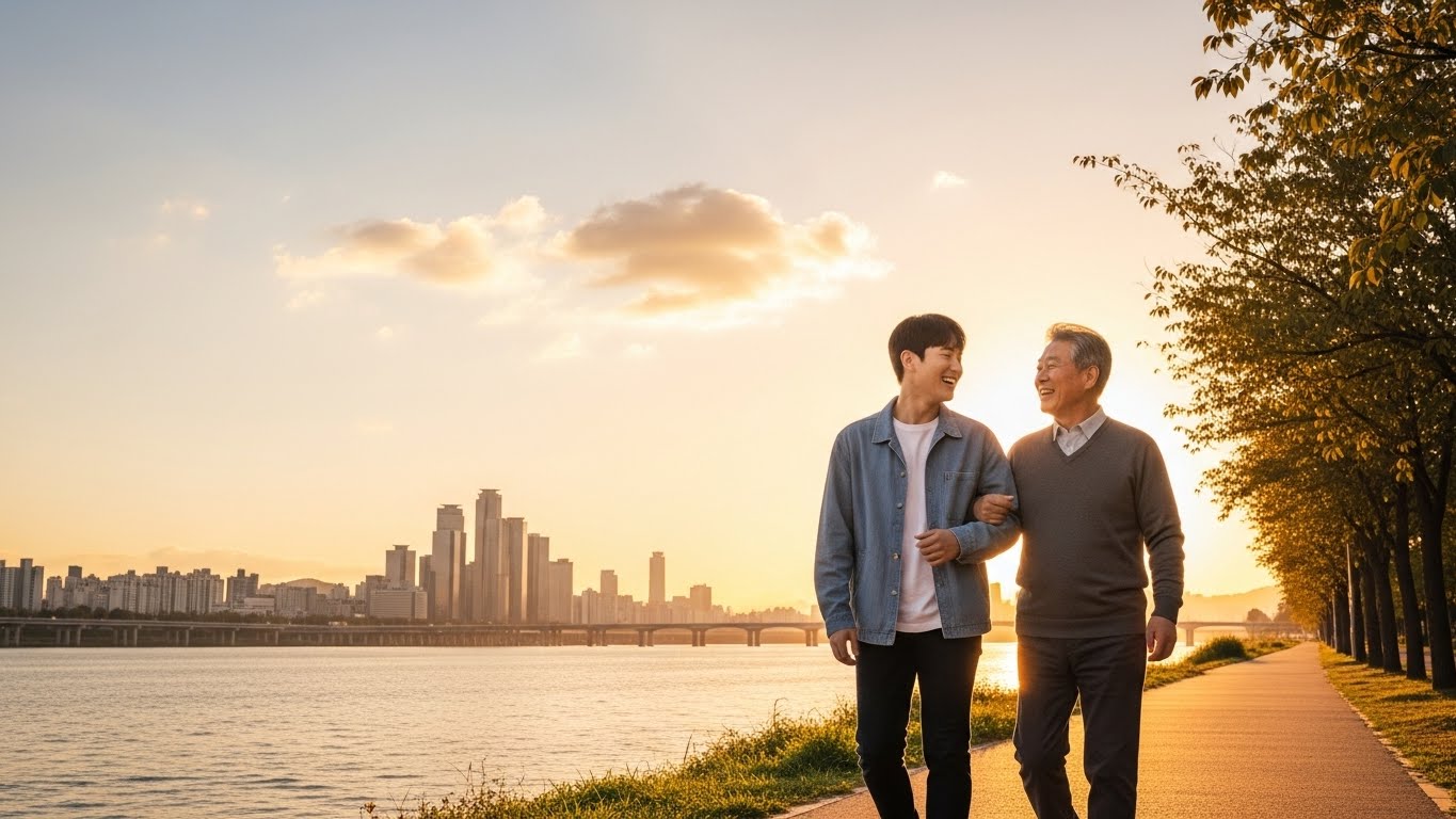 건강한 치아를 되찾은 부모님과 함께 행복한 대화를 나누며 산책하는 든든한 아들의 모습