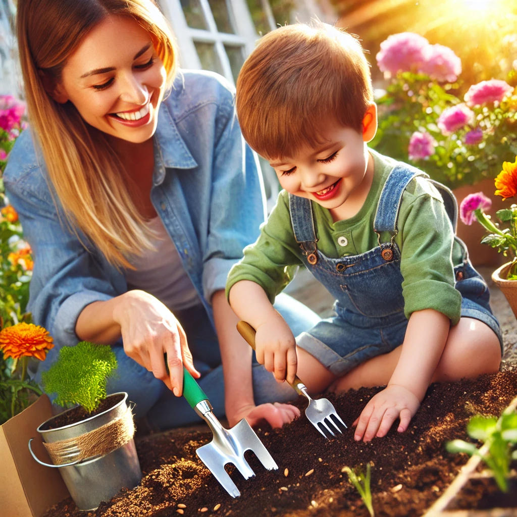 부모와 아이가 정원에서 씨앗 심는 모습