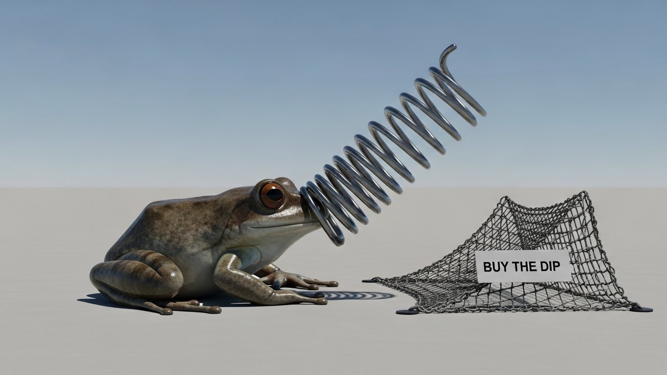 A crouching frog (stock price) preparing to spring up like a coil. A safety net labeled 'Buy the Dip' is installed on the ground.