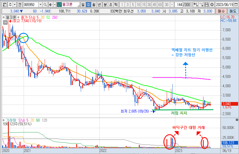 6월 21일 웰크론 주봉 차트