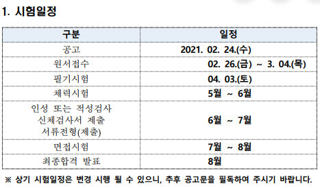 2021 소방공무원 시험일정 시험과목 안내