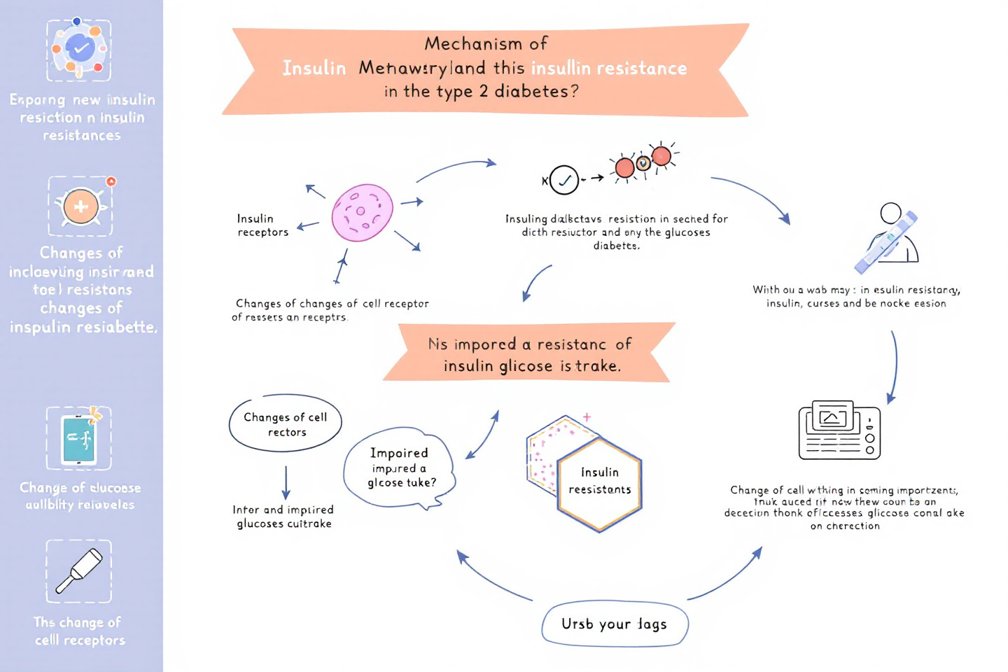 제2형 당뇨병의 인슐린 저항성 기전을 설명한 인포그래픽: 세포 수용체 변화, 포도당 흡수 저하 등"
