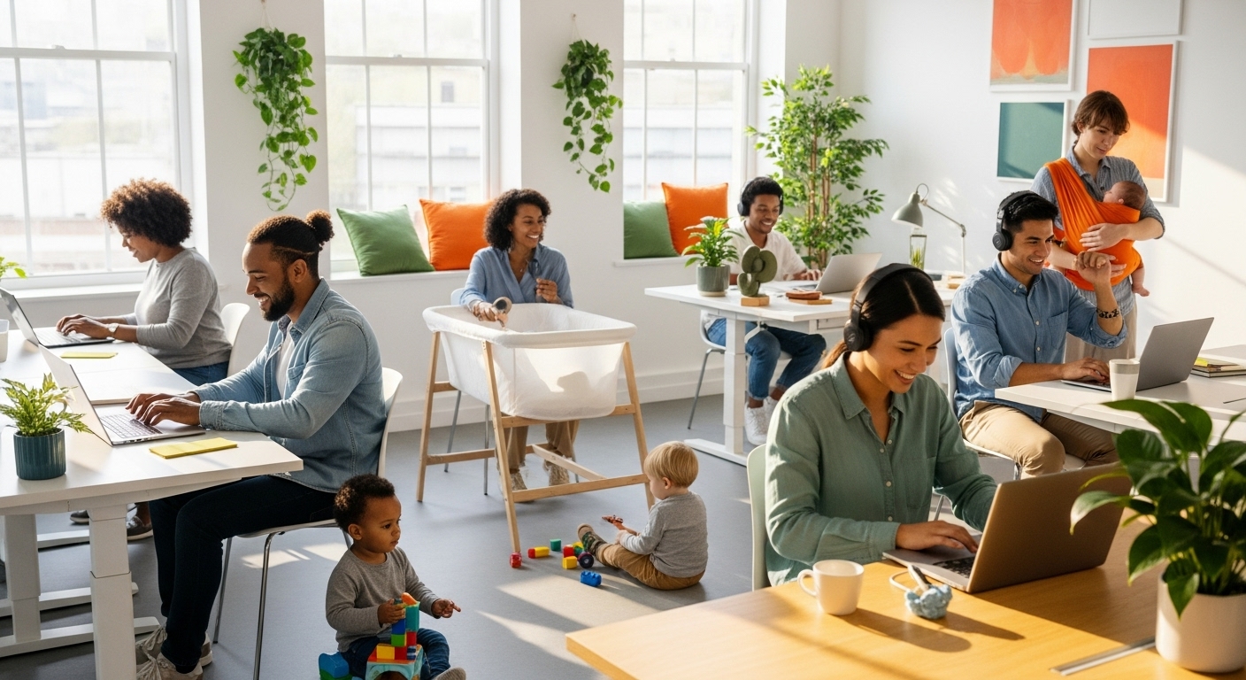 유연 근무 환경에서 아이와 함께 일하는 행복한 부모들의 모습. 육아휴직 및 유연근무 확대 정책이 가져올 긍정적인 변화를 상징한다.