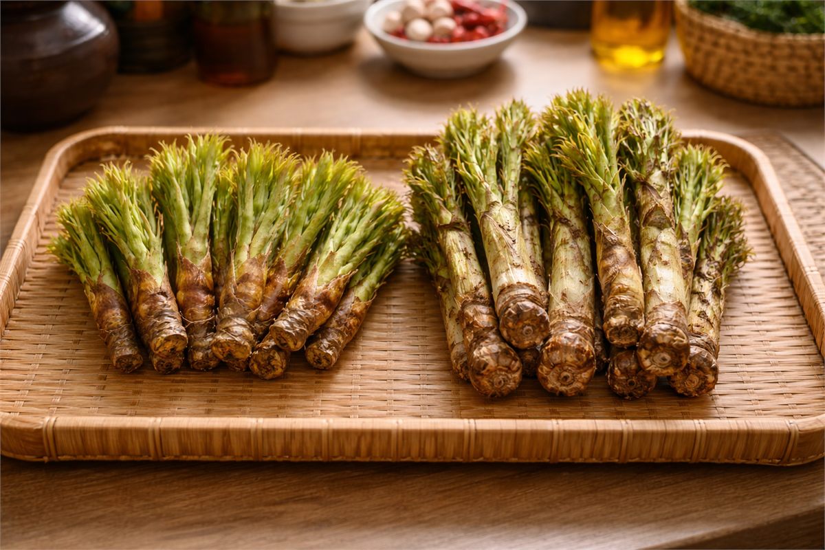 연한 엄나무순과 굵게 자란 순을 한눈에 비교한 주방 장면 