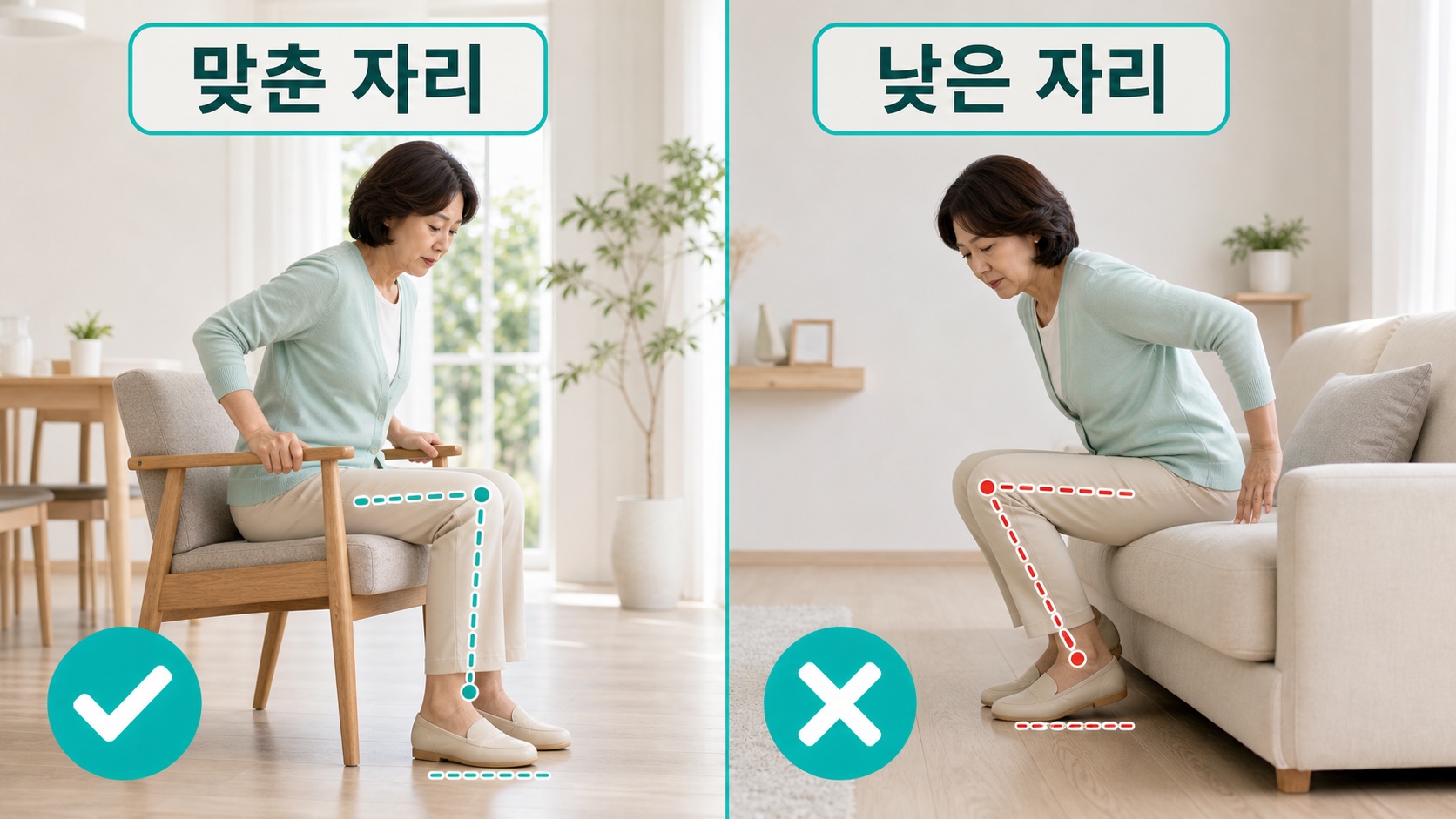 앉았다 일어날 때 무릎 통증을 줄이는 의자 높이와 낮은 소파 비교