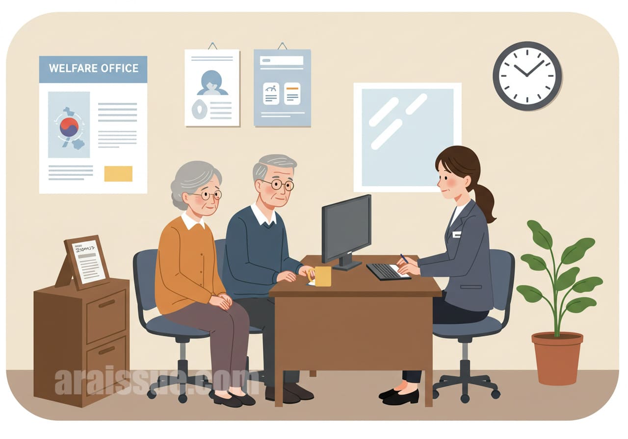 복지센터 상담 창구에서 직원과 상담하는 70대 부부