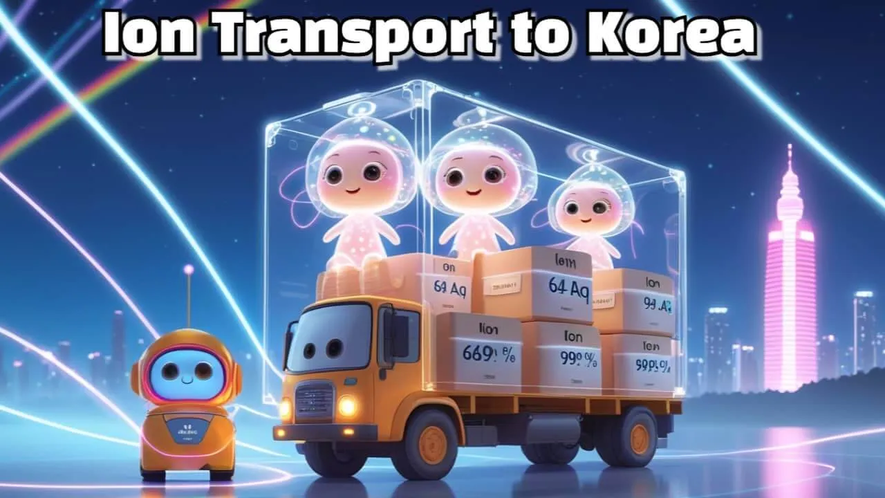 Ion Transport to Korea"라는 문구가 포함된 웹배너 이미지. 이 이미지는 귀여운 픽사 스타일의 이온 캐릭터들이 투명한 이온 트랩 컨테이너에서 트럭을 타고 한국으로 이동하는 모습을 시각적으로 전달하며, 블로그의 KISTI 아이온큐 템포 양자컴퓨터 도입과 관련된 내용을 설명함 (IonQ Tempo quantum computer, ion trap technology, KISTI Korea adoption, Pixar style illustration, 64 AQ, 99.9% fidelity)