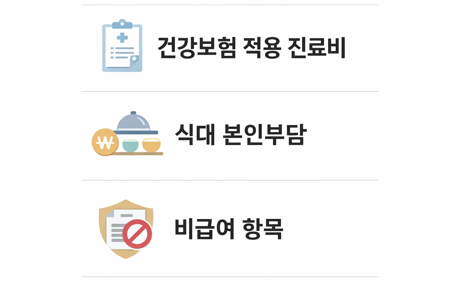 요양병원 입원비와 식대 본인부담, 비급여 항목이 비용에 어떻게 반영되는지 구조적으로 보여주는 이미지