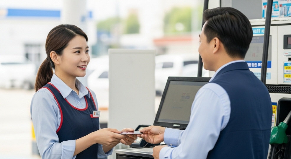직원과 대화하며 주유소 계산대에서 카드 결제하는 여성