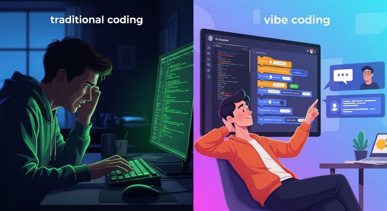 왼쪽에 전통적인 텍스트 코딩 에디터를 사용하는 개발자와 오른쪽에 비주얼 블록 코딩 도구를 사용하는 개발자를 대비시킨 일러스트, 전통적인 프로그래밍과 노코드/로우코드 개발 방식 비교 이미지