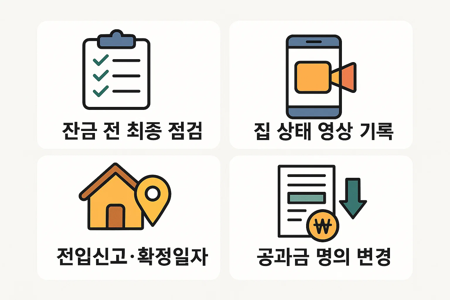 잔금 지급 전 집 상태 최종 점검, 실내 손상 기록 영상 촬영, 전입신고 및 확정일자 절차, 공과금 명의 변경 등 안전한 입주를 위해 필요한 마무리 절차를 정리한 실전 체크리스트 인포그래픽