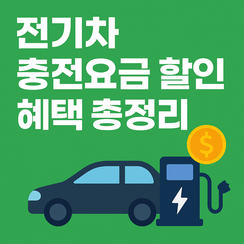 전기차 충전요금 할인 혜택 총정리 썸네일 - 녹색 배경에 전기차와 충전소, 할인 아이콘 강조
