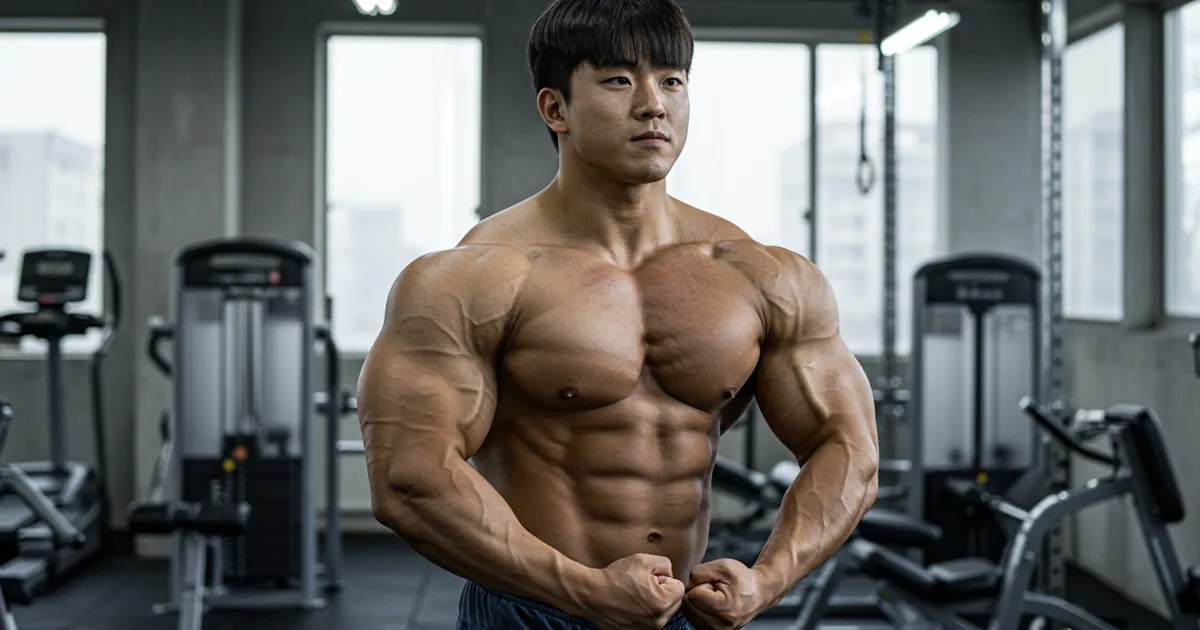 보디빌더가 헬스장에서 포징을 취하며 근육을 강조한 바디프로필 사진