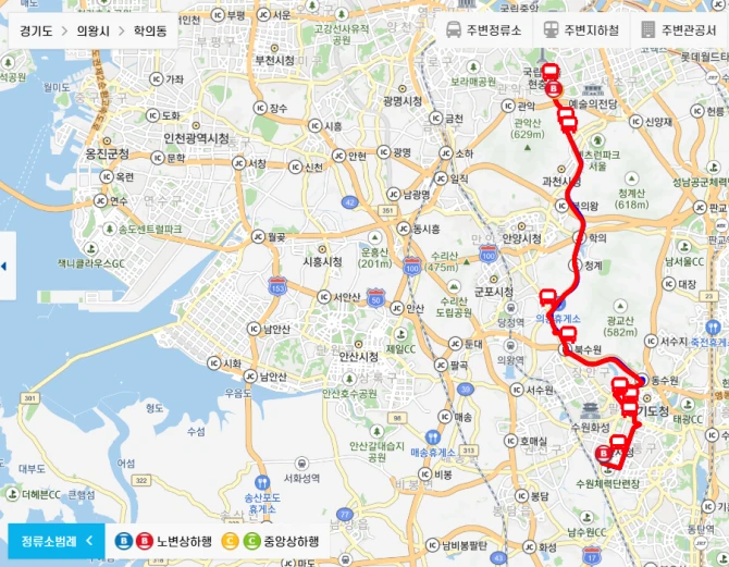 수원-심야버스-7001번-직행좌석버스-경유지-노선도