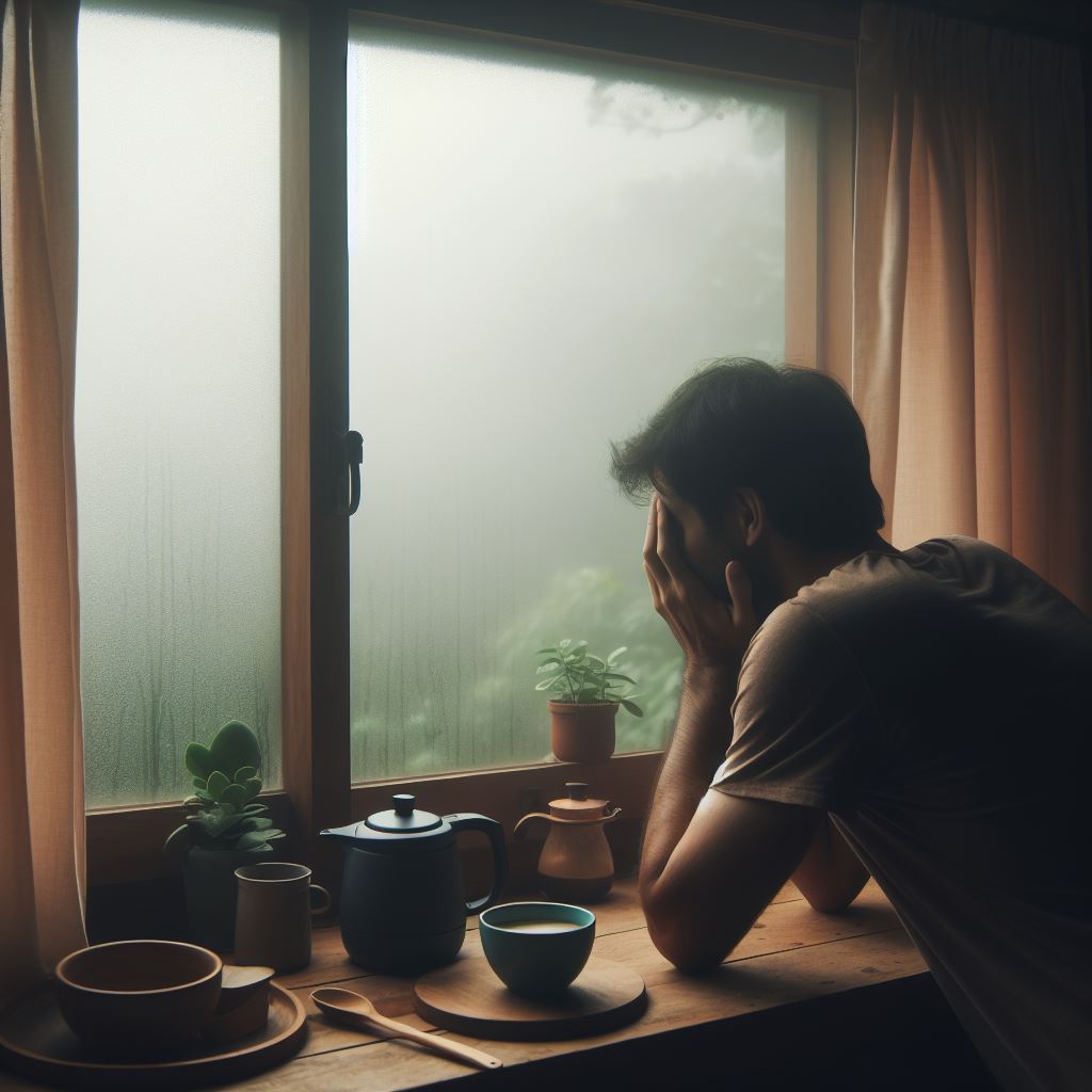 A person looking at the foggy window while making coffee in the morning, feeling frustrated and missing someone.