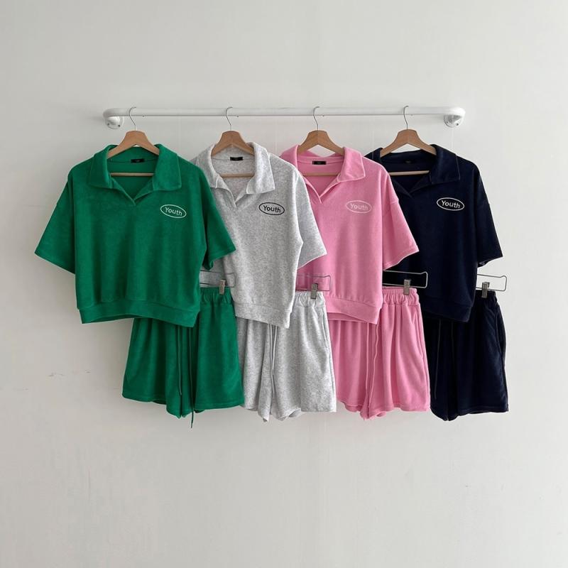 테리 타월 크롭 반팔티 반바지 팬츠 휴양지 바캉스 세트